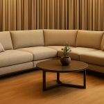 Luxury Floor-to-Ceiling Curved Beige Curtain & Sofa