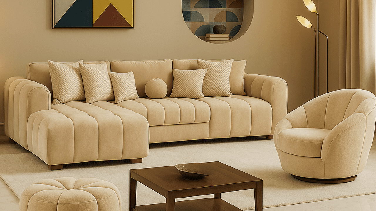 Luxurious Beige Velvet L-Shaped Sofa كنب حرف L مع كرسي - Image 1